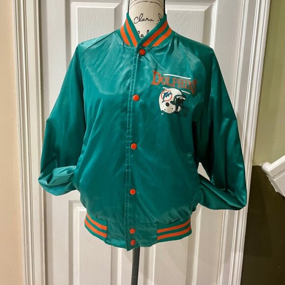 NFL MIAMI DOLPHINS VINTAGE 80’ RETRO BOMBER SATIN JACKET TEAL/ORANGE Sz L TRENDY - Picture 13 of 16